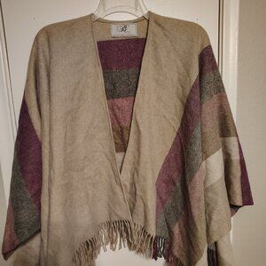 Bronte by Moon 100% Lambswool Wrap Ruana Purple Gray Brown Stripe British Isles